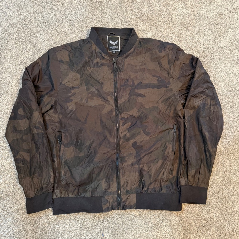 Brave Soul London Mens XL Camouflage Bomber Jacket Dark Camo Zip Windbreaker